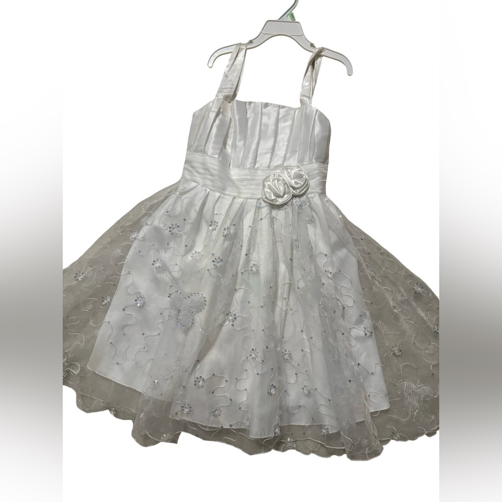 White Flower Girl Dress with Satin Bodice & Sequin Floral Overlay
